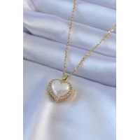 316L Çelik Gold Renk İncili Kalp Model Zirkon Taşlı Kadın Kolye