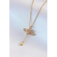 316L Çelik Gold Renk Kanatlı Kalp Model Zirkon Taş Detay Kadın Kolye