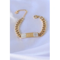 316L Çelik Gold Renk Zincir Model İşleme Detay Zirkon Taşlı Kadın Bileklik
