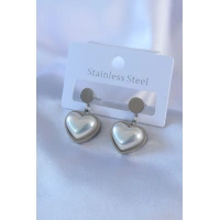 316L Çelik Gümüş Renk İncili Kalp Model Kadın Küpe