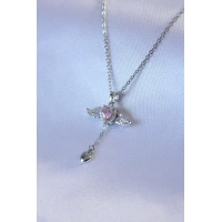 316L Çelik Gümüş Renk Kanatlı Kalp Figür Zirkon Taş Detay Kadın Kolye