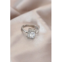 Ayarlamalı Silver Renk Metal Zirkon ve Kristal Taşlı Dikdörtgen Model Yüzük