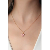 Gold Pembe Renk Kelebek Figür Kadın Kolye