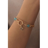 Gold Renk Yonca Figür Mavi Kristal Boncuk Detay Kadın Bileklik