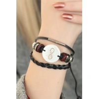 Siyah Renk Sonsuzluk ve Atatürk İmza Tasarım Çoklu Deri Bayan Bileklik