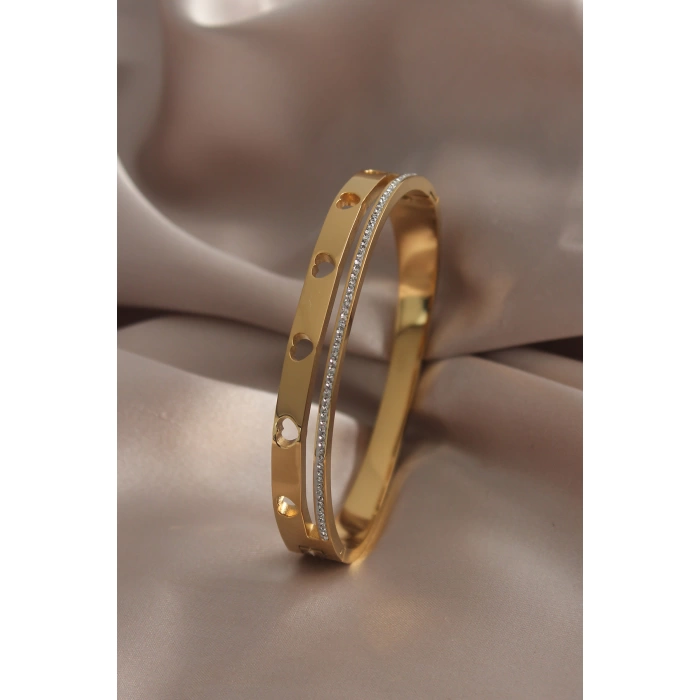 316L Çelik Gold Renk Cartier Model Kalp İşleme Zirkon Taşlı Kadın Kelepçe