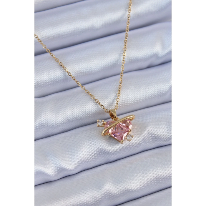 316L Çelik Gold Renk Pembe Kristal Kalp Model Zirkon Taş Detay Kadın Kolye