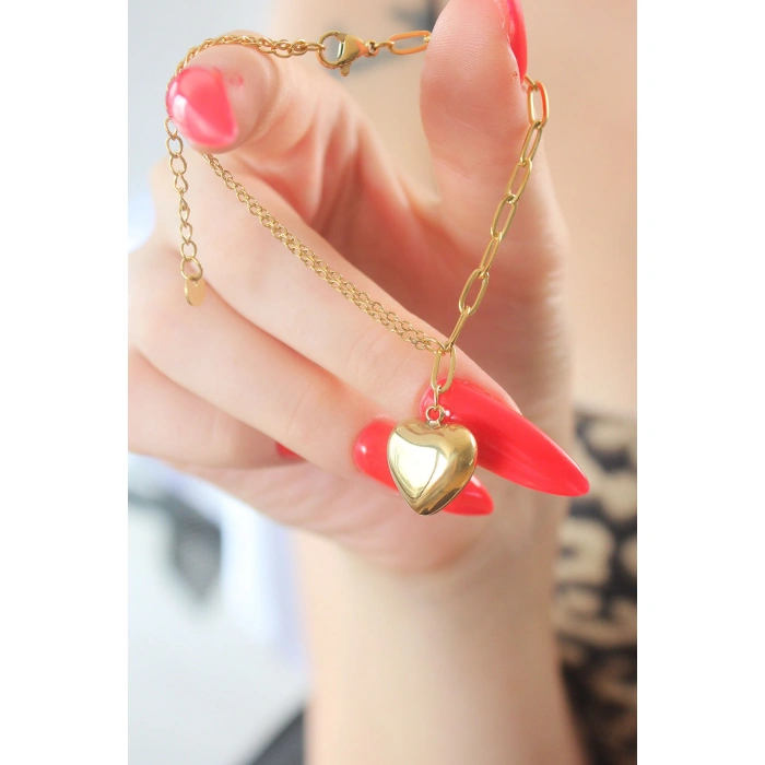 316L Çelik Gold Renk Zincir Model Kalp Figür Kadın Bileklik