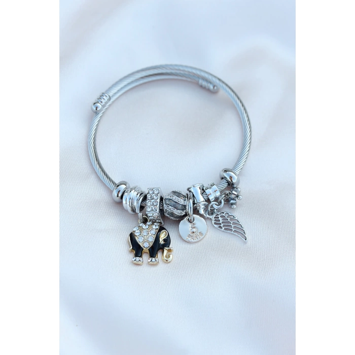 Çelik Fil Model Zirkon Taşlı Charm Bilezik
