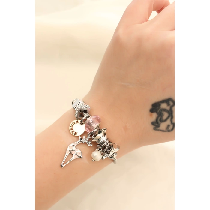 Geyik Figürlü Pembe Taşlı Charm Bilezik
