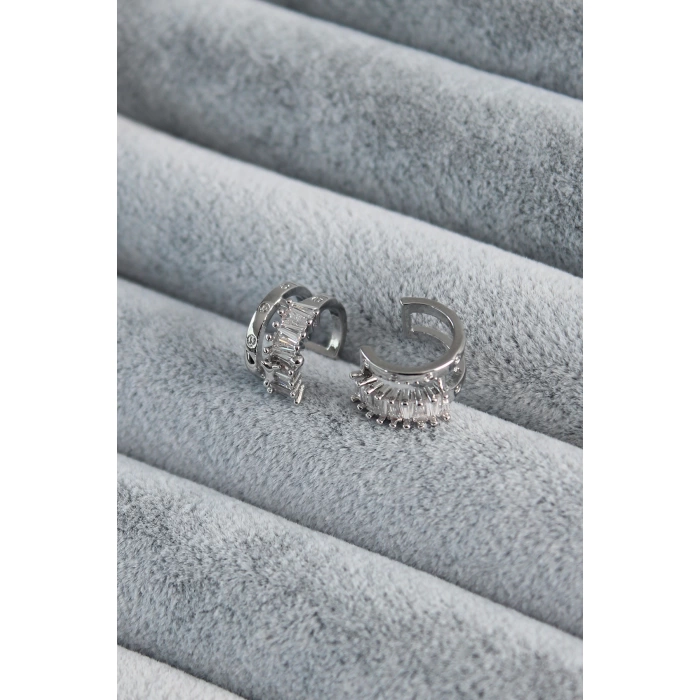 Gümüş Renk Zirkon Taşlı Earcuff Pirinç Kadın Kıkırdak Küpe