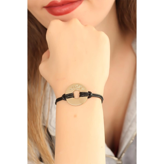 LUCKY (Şanslı) Siyah Deri İpli Unisex Mood Bileklik
