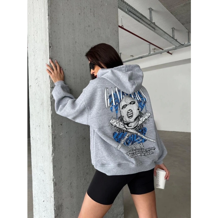 3 iplik şardonlu oversize kafa baskılı sweat gri