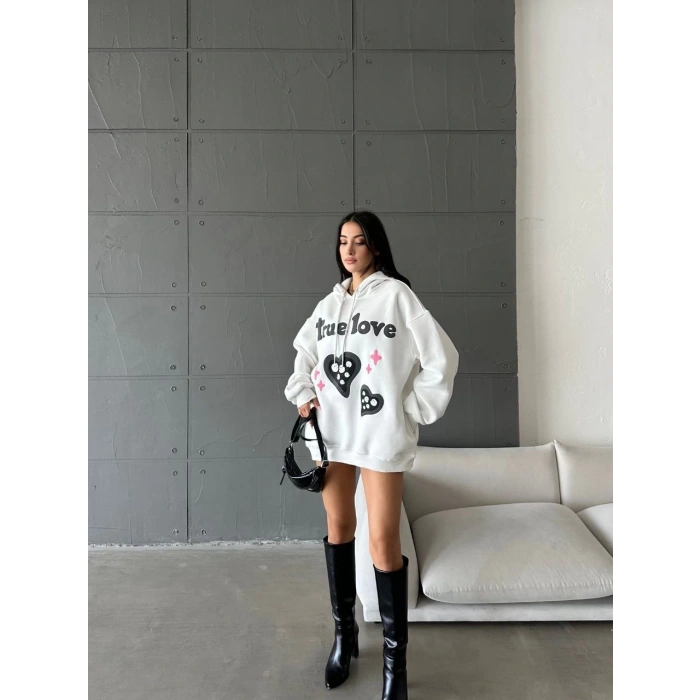 3 iplik şardonlu oversize true baskılı sweat Beyaz
