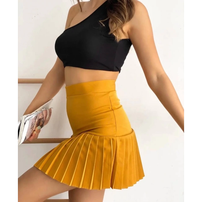 Altı pliseli mini etek hardal s24705