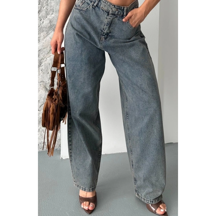 Baggy kar yıkama eskitme kahve jeans pantolon d2007