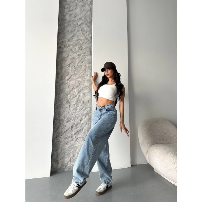 Baggy kar yıkama orta mavi jeans pantolon d2007