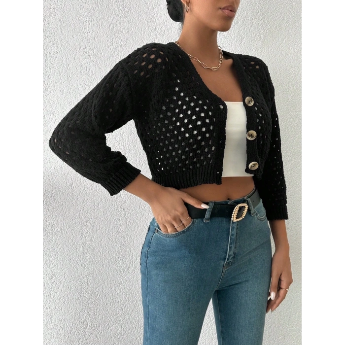 Büyük düğmeli delikli hırka siyah