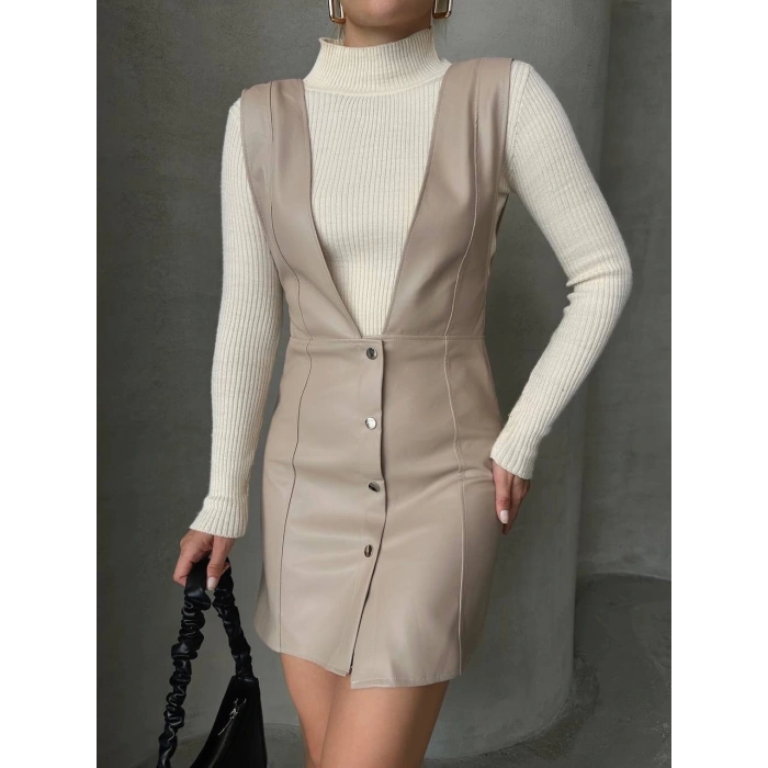 Deri jile elbise bej w24796