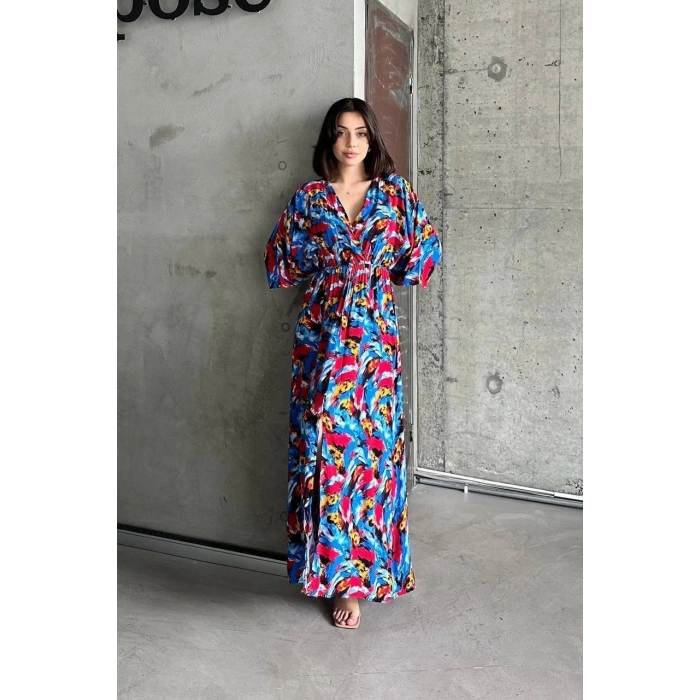 Dokuma baskılı yarasa kol elbise s8124