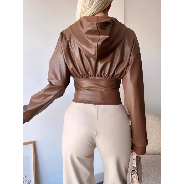 Kapşonlu yarım fermuarlı ceket kahve h24116