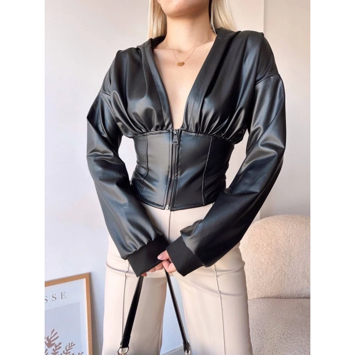 Kapşonlu yarım fermuarlı ceket siyah h24116