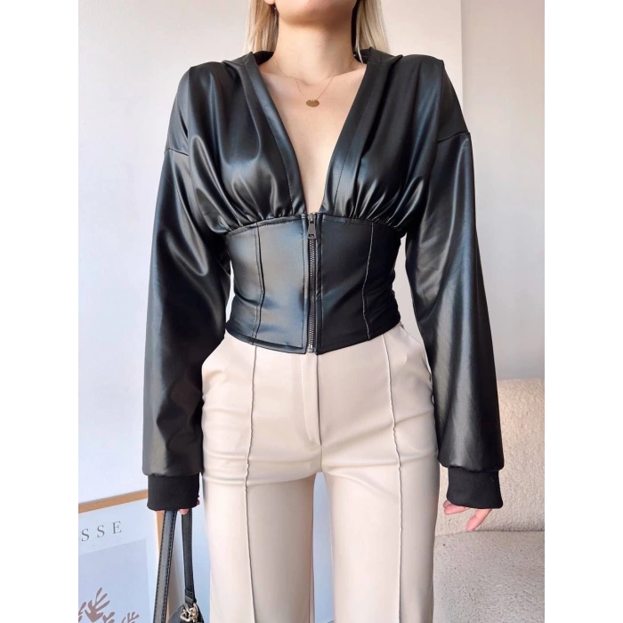 Kapşonlu yarım fermuarlı ceket siyah h24116