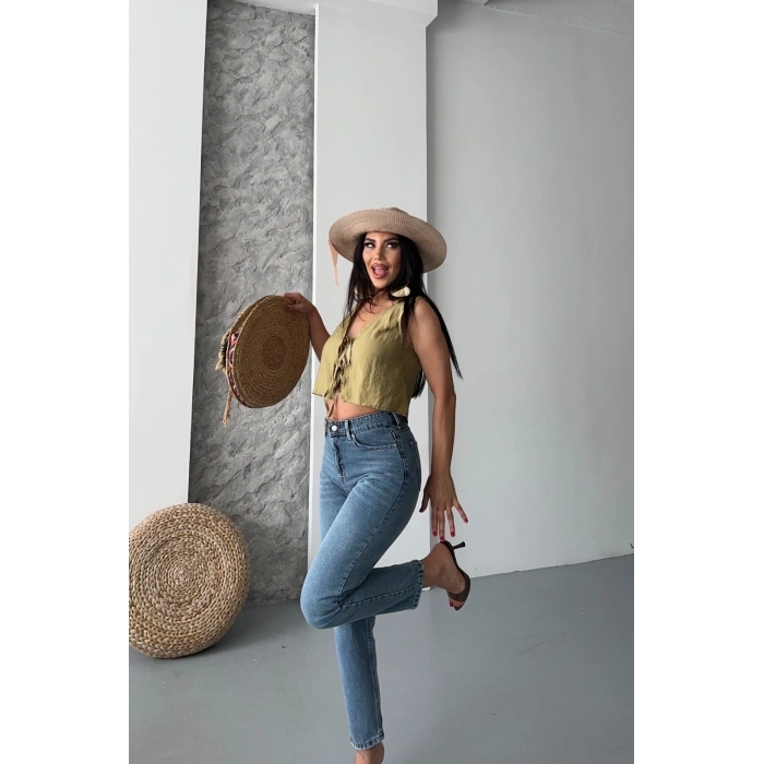 Mom fit bıyık kar yıkama jeans pantolon koyu mavi d2006