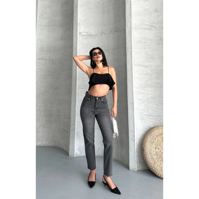 Mom fit enzim taş yıkama jeans pantolon füme d2006