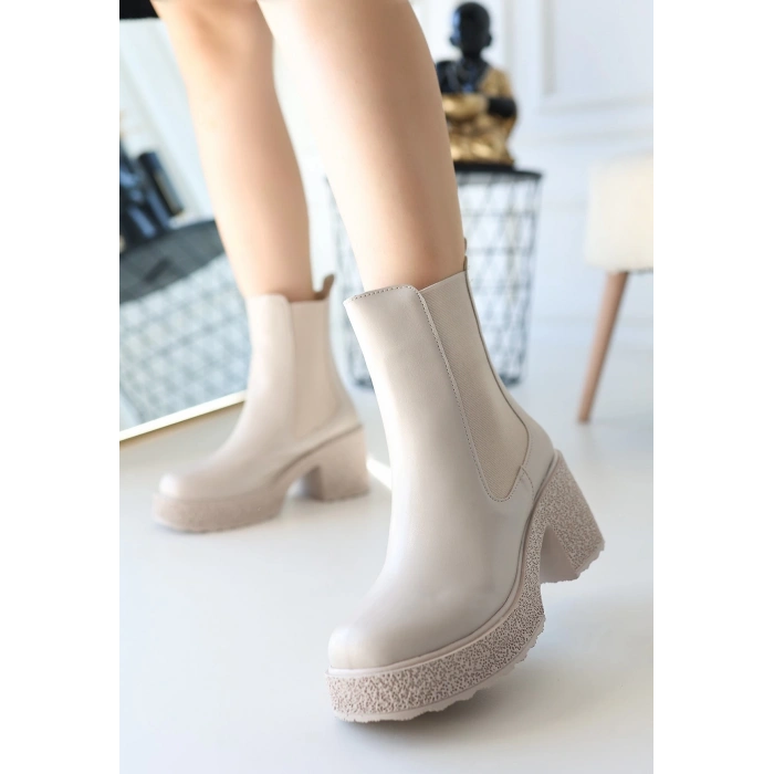 Paigo Bej Cilt Topuklu Bot