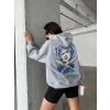 3 iplik şardonlu oversize kafa baskılı sweat gri