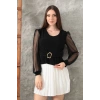 Tokalı tül kollu bluz siyah t4071