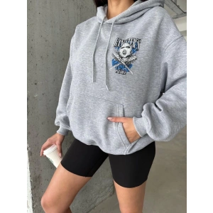 3 iplik şardonlu oversize kafa baskılı sweat gri