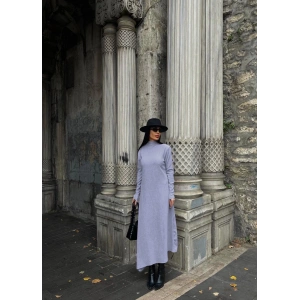 Boğazlı kalın bürümcük uzun elbise gri