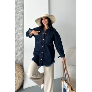 Cepli püsküllü kar yıkama kot ceket koyu mavi d2515