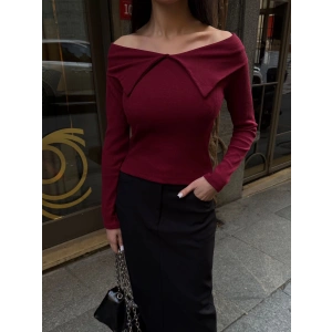 Kelebek yaka uzun kol bluz bordo