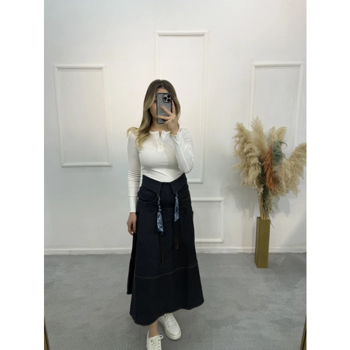 Fular Kemerli Gabardin Pileli Denim Etek