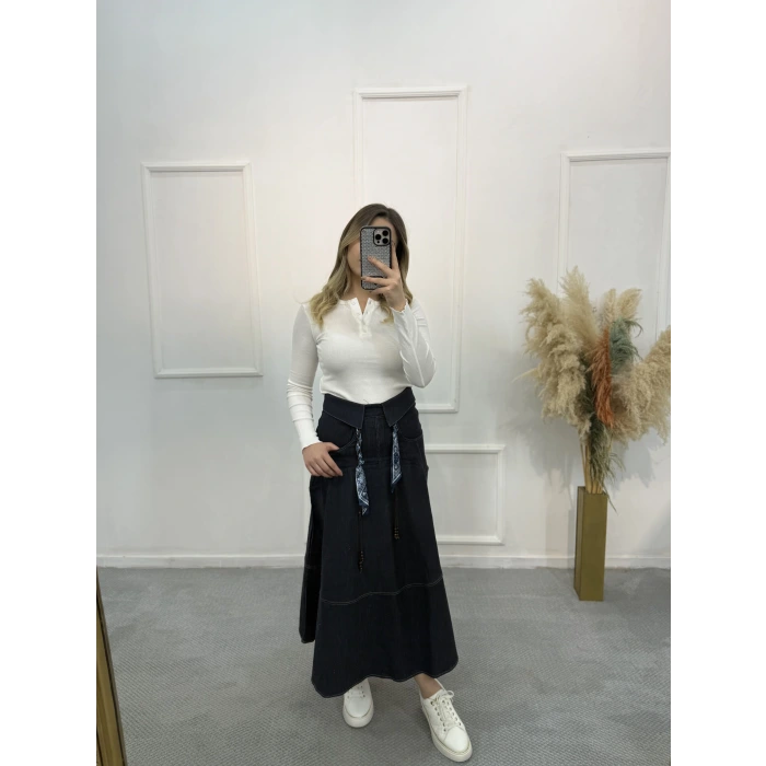 Fular Kemerli Gabardin Pileli Denim Etek
