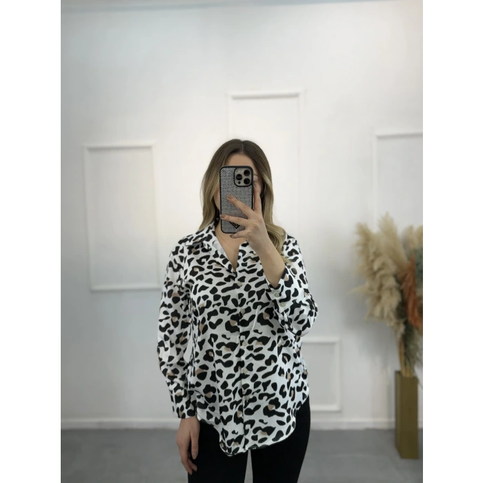 Newwa Pamuk Saten Leopar Gömlek