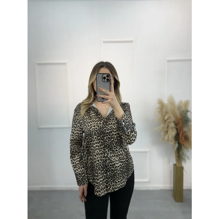 Newwa Pamuk Saten Leopar Gömlek