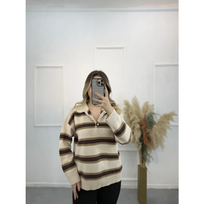 Polo Yaka Çizgili Triko Kazak