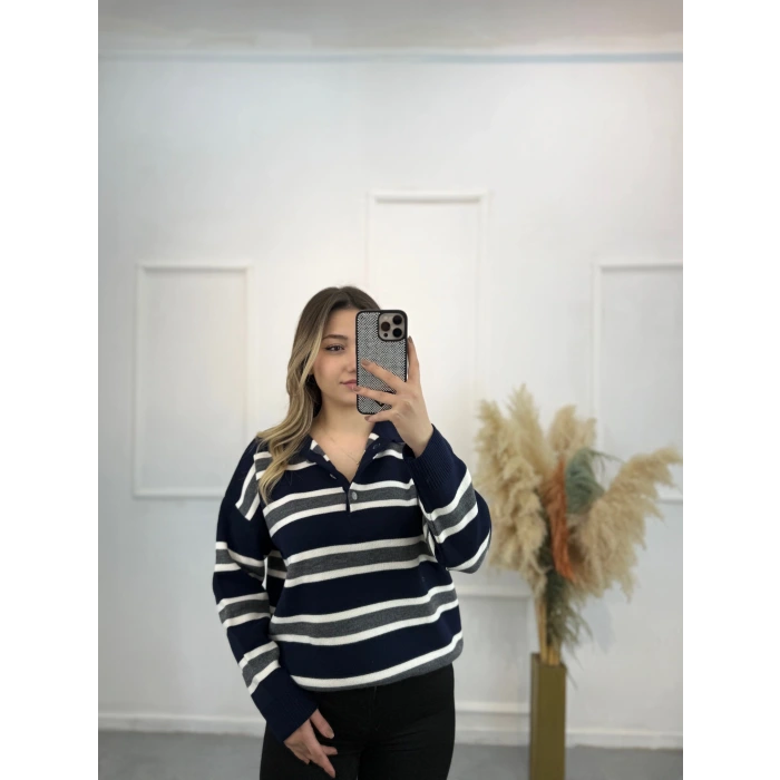 Polo Yaka Çizgili Triko Kazak