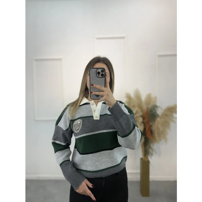 Bymn B Taşlı Kalın Çizgili Tiriko Kazak