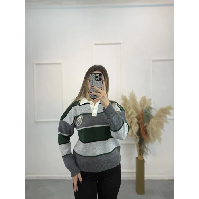 Bymn B Taşlı Kalın Çizgili Tiriko Kazak