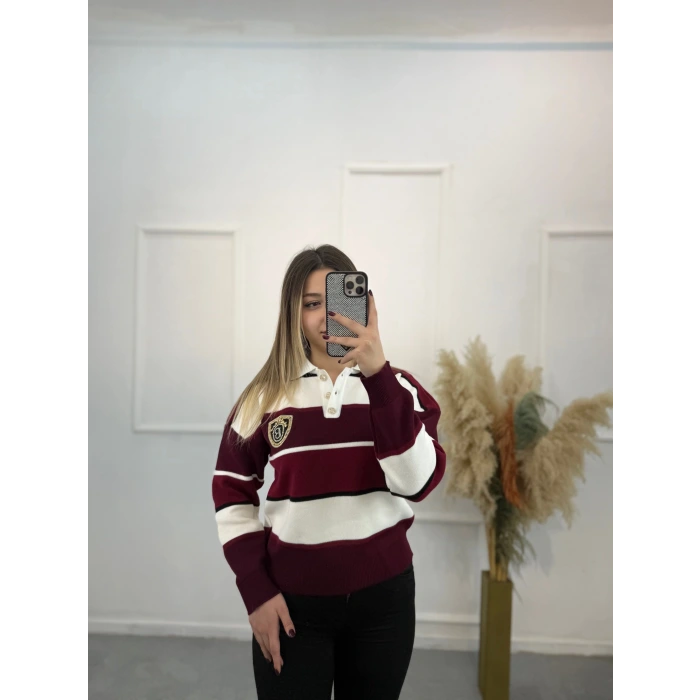 Bymn B Taşlı Kalın Çizgili Tiriko Kazak