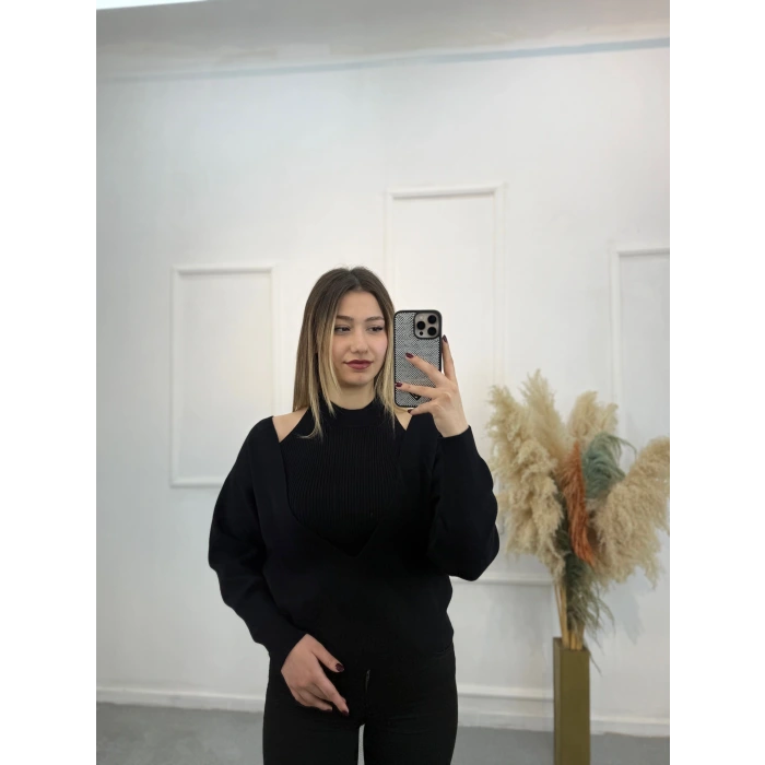 V Yaka İçi Atletli Triko Bluz