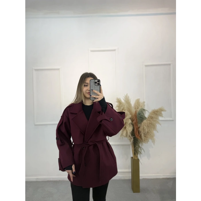 Duma Sırt Detaylı Kuşaklı Kaşe Kaban