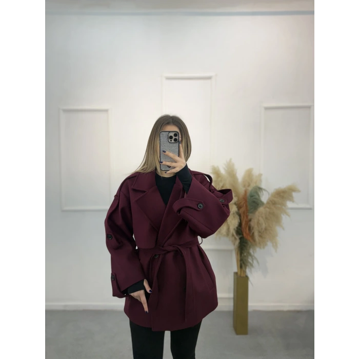 Duma Sırt Detaylı Kuşaklı Kaşe Kaban