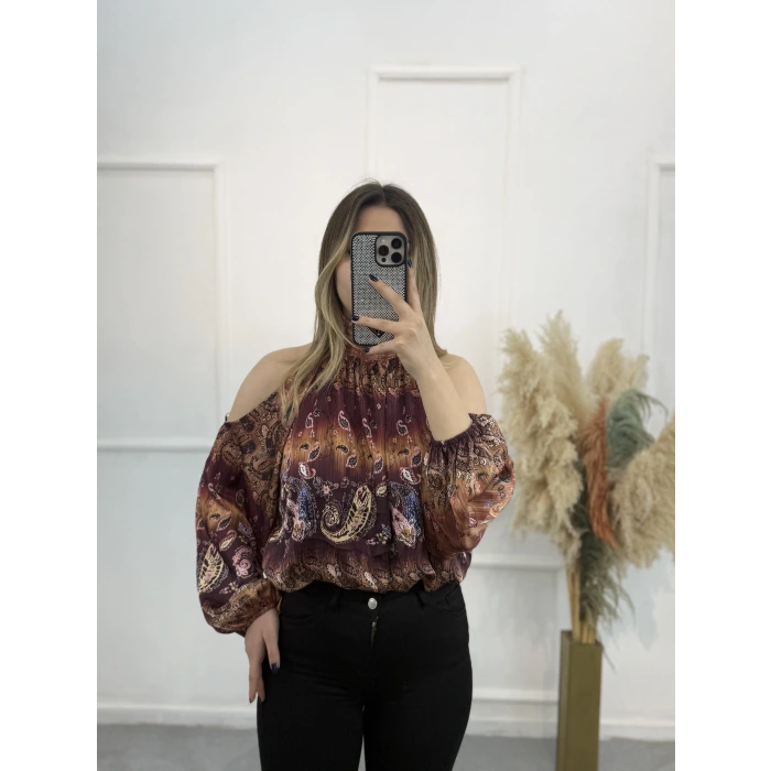 Lukp Etnik Desenli Şifon Bluz