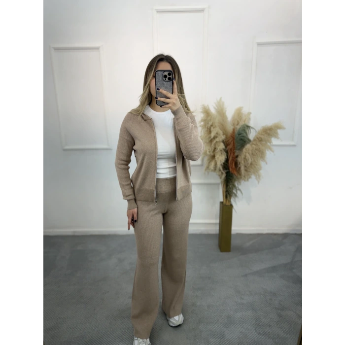 Oxter Fermuarl Kapişonlu Triko İkili Takım